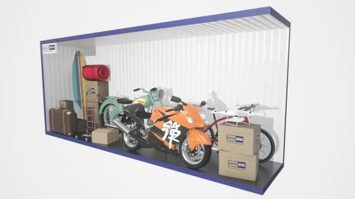 Exemple de contenu stocké dans un box : voiture, vélos, cartons et électroménager