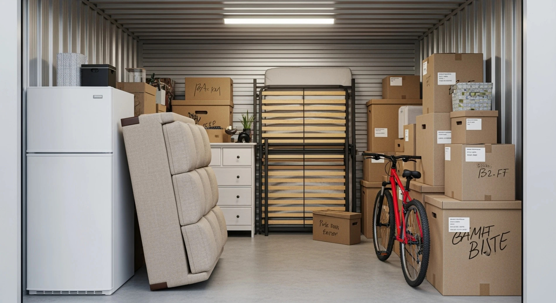 Intérieur d'un box de stockage Hontas Box 14m² avec lits, table, chaises, lave- linge et cartons prêts à stocker pendant des travaux en Gironde
