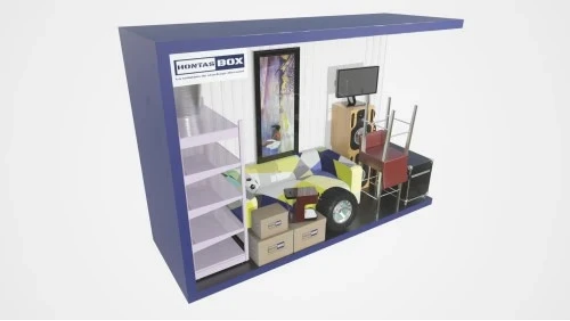 Illustration 3D de l'intérieur d'un box de stockage Hontas Box avec étagères, cartons, scooter et mobilier