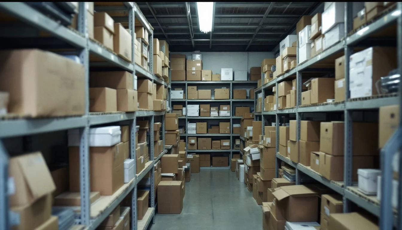 Étagères de box de stockage organisées avec cartons pour stock e-commerce