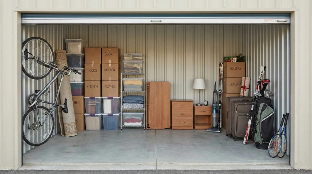 Box de stockage organisé avec mobilier, cartons étiquetés et affaires d'une location meublée pour bailleur LMNP