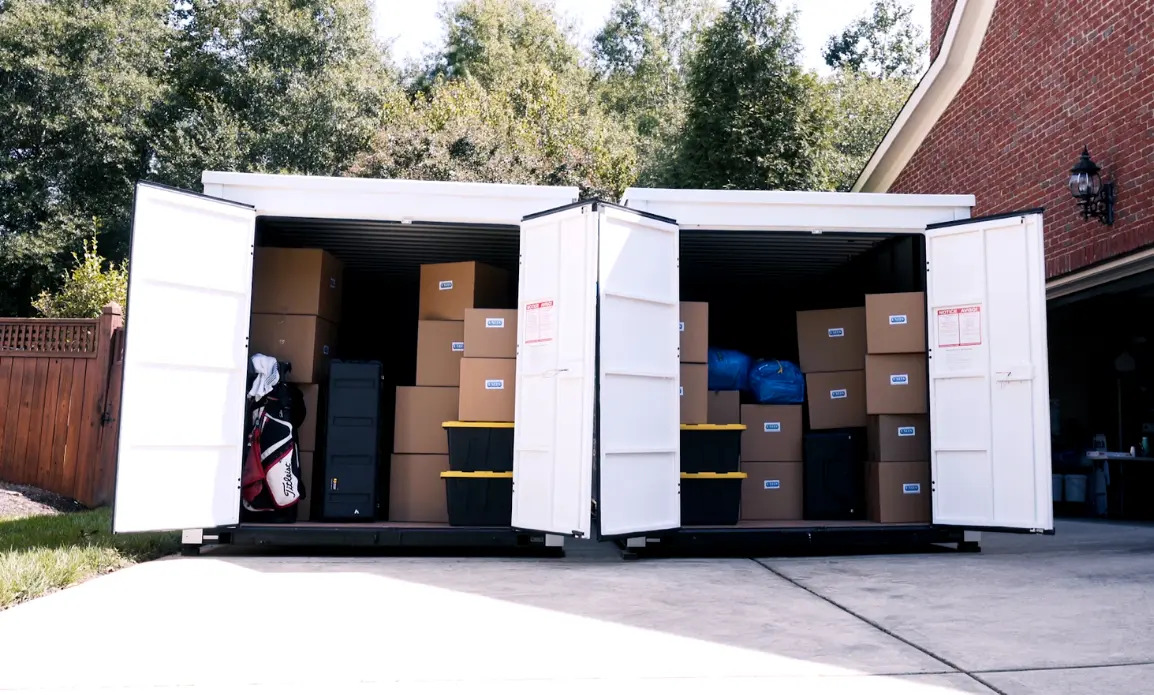 Box de stockage ouvert rempli de cartons, mini-entrepôt pour vendeur en ligne